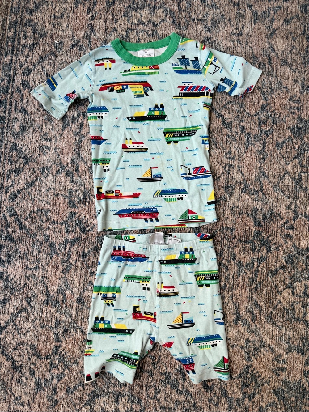 Hanna Andersson Light Blue Boat-Print Short Pajama Set with Green Trim